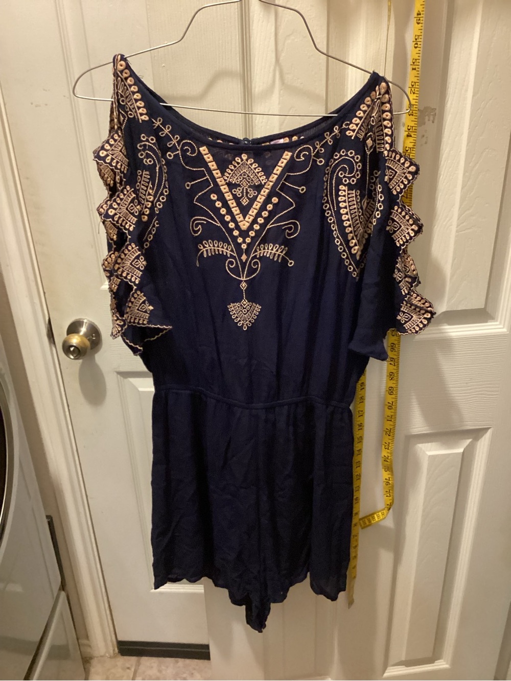 Alyx Navy Cold-Shoulder Tunic with Cream Embroidery
